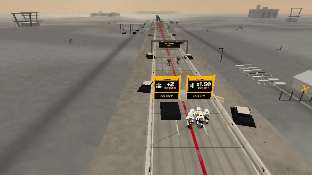 The squad approaches two amber gates: +2 survivors on the left or ×1.50 fire rate on the right.