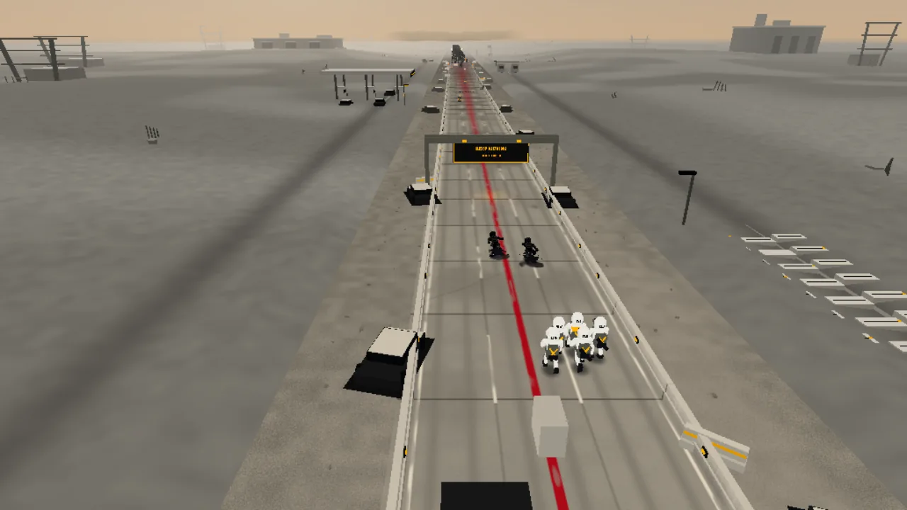 A white-suited squad advances along the evacuation highway toward the infected.